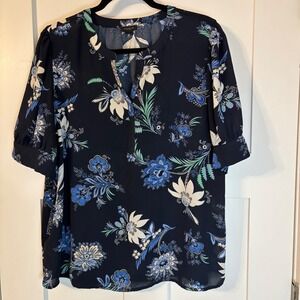 Ann Taylor Factory Navy Floral Split Neck Puff Sleeve Blouse XL cottage core